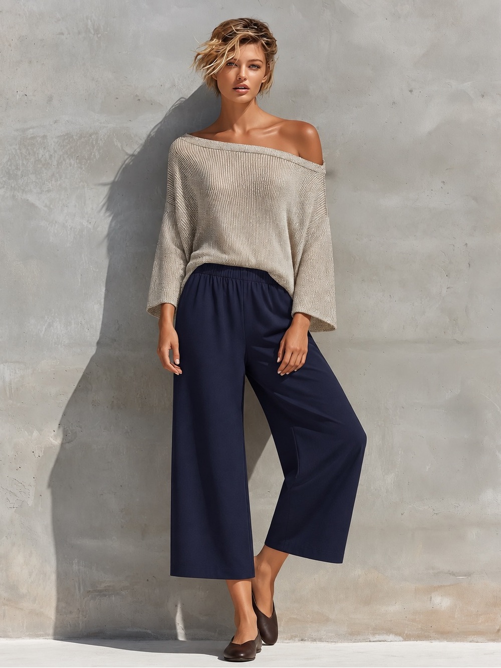 EILEEN FISHER BLUE SILK WIDE LEG PANTS SZ L